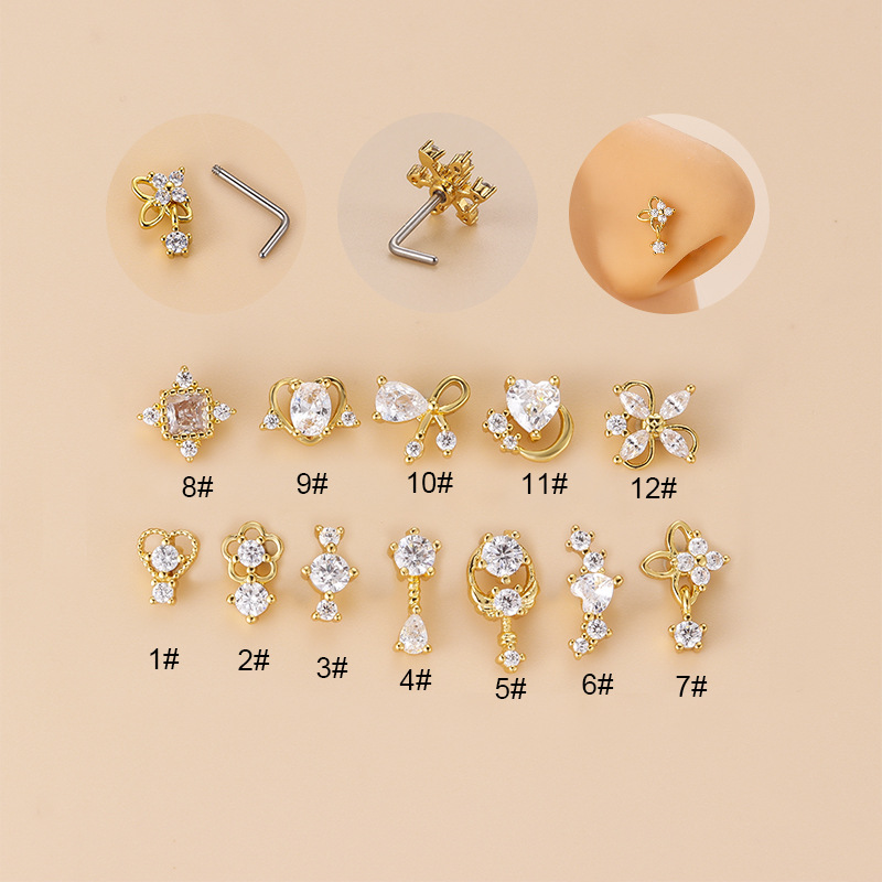 Body Jewelry Surgical Steel - จิวเจาะจมูกทรงตัวแอลประดับเพชรคิวบิกเซอร์โคเนีย 20 กรัม ทำจากเหล็กกล้าไร้สนิม 316L สำหรับเจาะจมูก