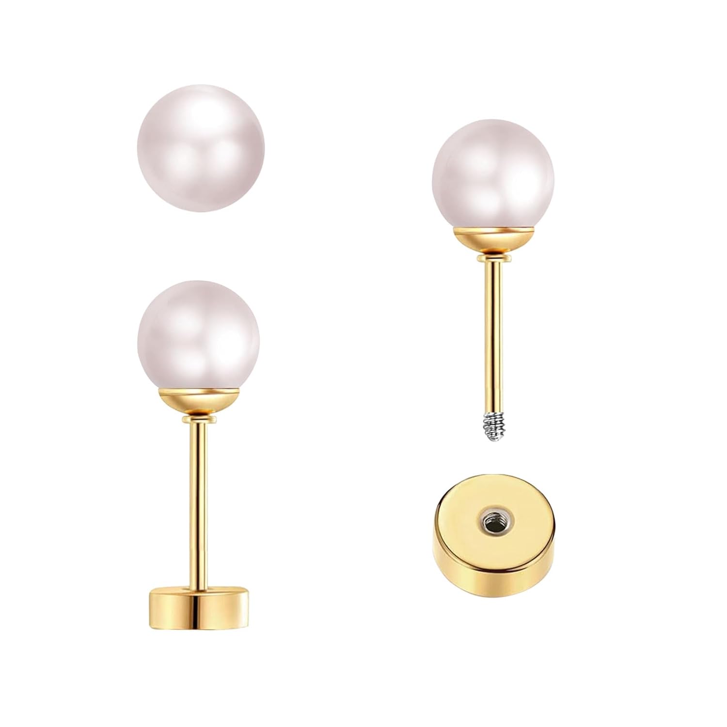 Body Jewelry Surgical Steel - ต่างหูมุกเม็ดเล็ก 3 คู่ แบบเกลียวหลังแบน สำหรับผู้หญิงและเด็กผู้หญิง ต่างหูเจาะแบบเหล็กผ่าตัด