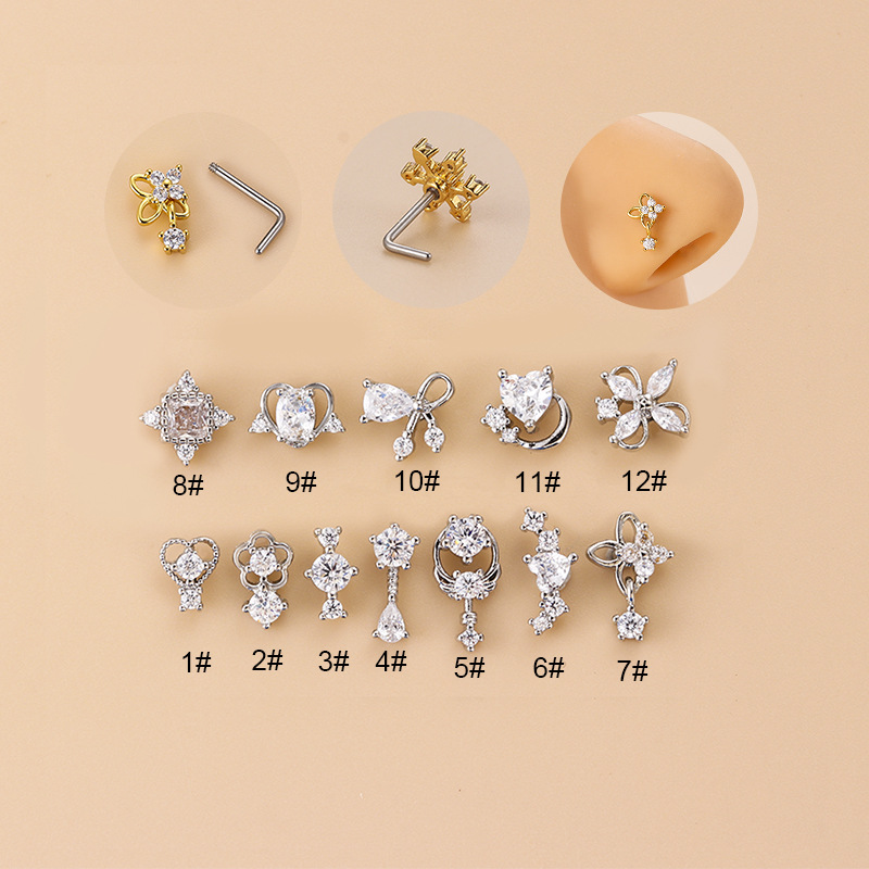 จิวเจาะจมูกทรงตัวแอลประดับเพชร - Body Jewelry Surgical Steel บทวิจารณ์และราคา